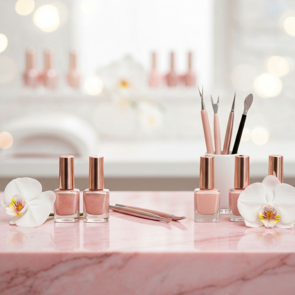 Luxury nail tools, rose-toned polish bottles and white orchid flowers on a marble surface at MULAN Nail salon