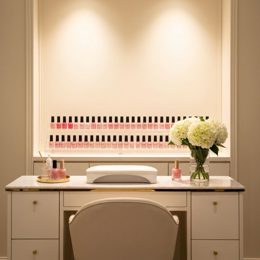 Elegant nail salon interior with nail polish bottles and fresh flowers on a marble surface
