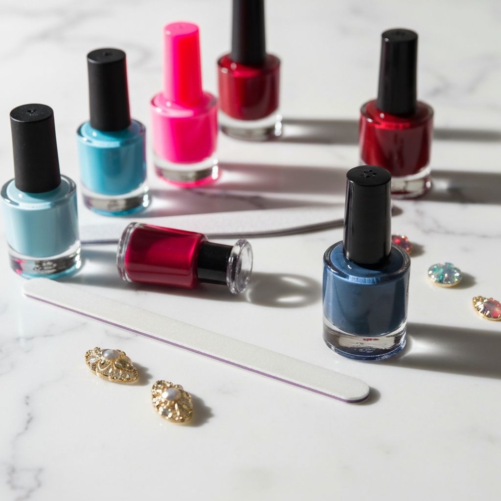 Colourful gel polish bottles and nail accessories arranged on a white marble surface
